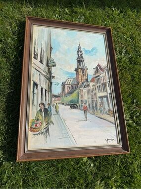 Vintage-Style City Street Oil Painting in Blue and Brown
